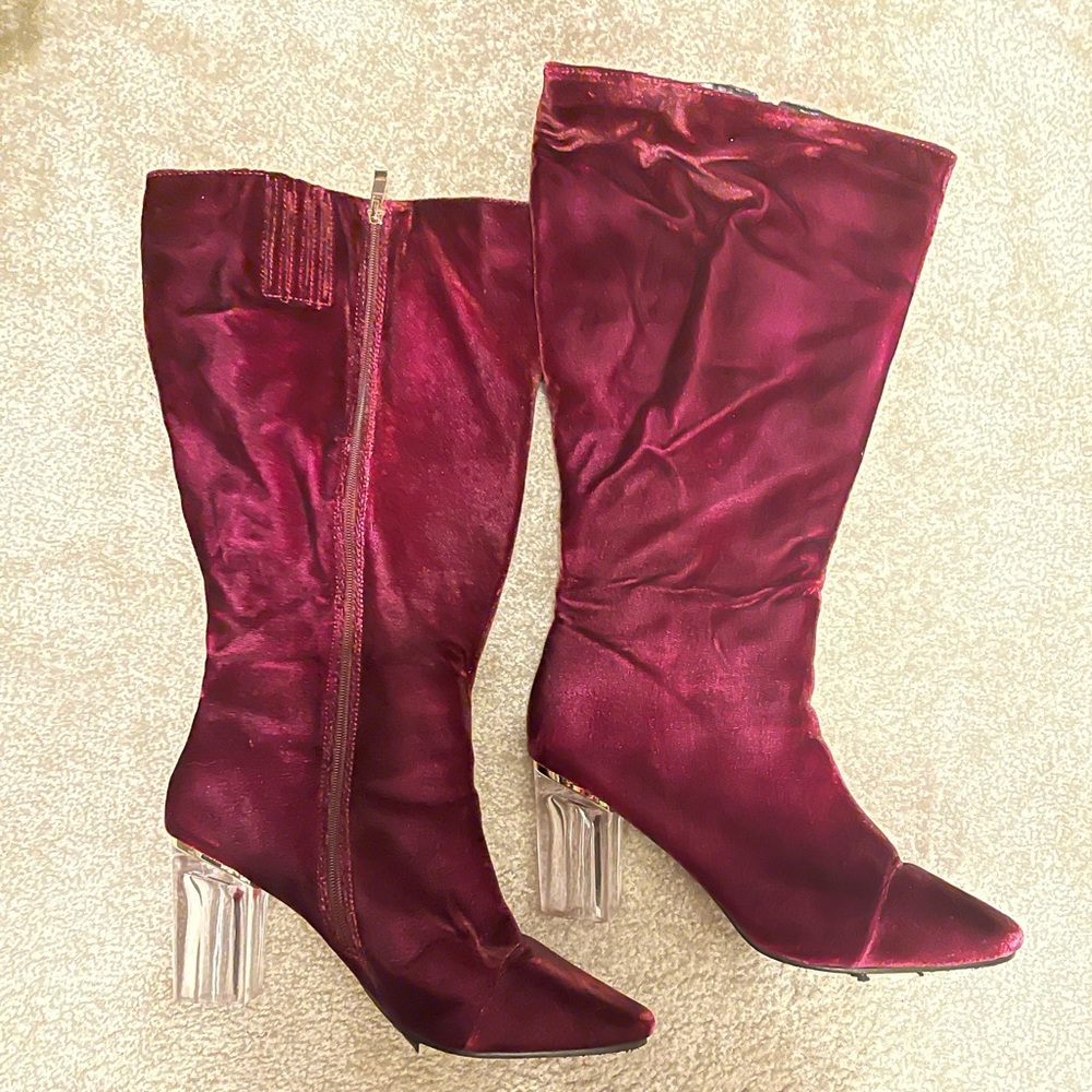 10 wide clear heel burgundy boots